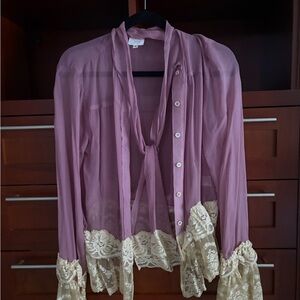 Anna Sui sheer silk Purple Blouse with Cream Lace Trim